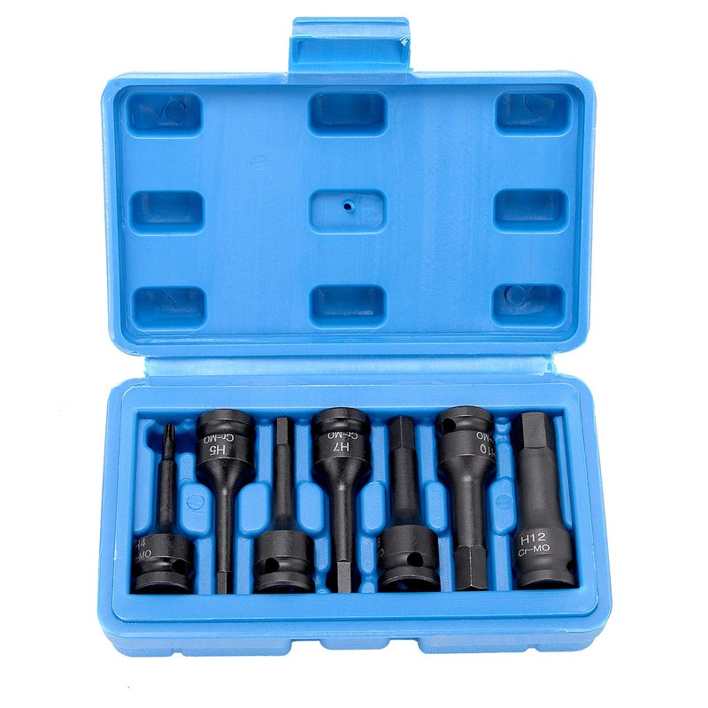 HELAKLS 3/8 Inch Drive Hex Bits 4/5/6/7/8/10/12 MM Impact Allen Socket Set, 7 Piece Cr-Mo One-Piece Construction Metric Hex Driver Hand Tools for Repair