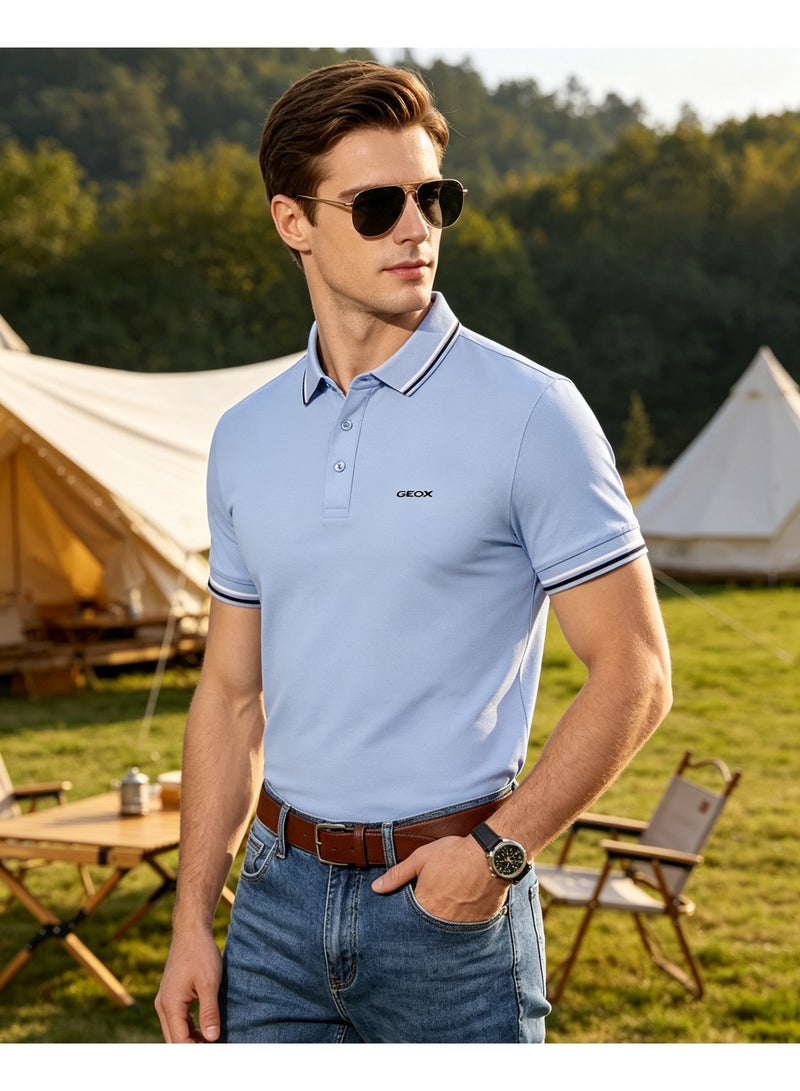 GEOX Unisex Short Sleeve Polo Shirt Casual Daily Office Wear Light Blue - Image 4