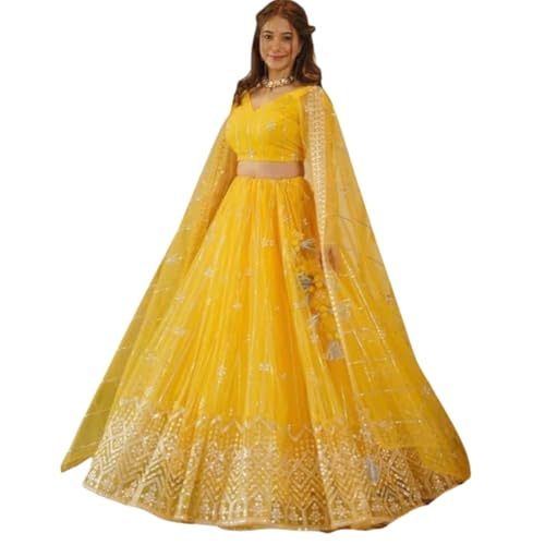 GOROLY Women's Semi-stitched Poly Net Yellow Embroidered Lehenga Choli Set with Dupatta | Traditional Lehenga for Girls | Stylish Lehenga Choli for Festival Cultural & Ethnic Wear - Image 1