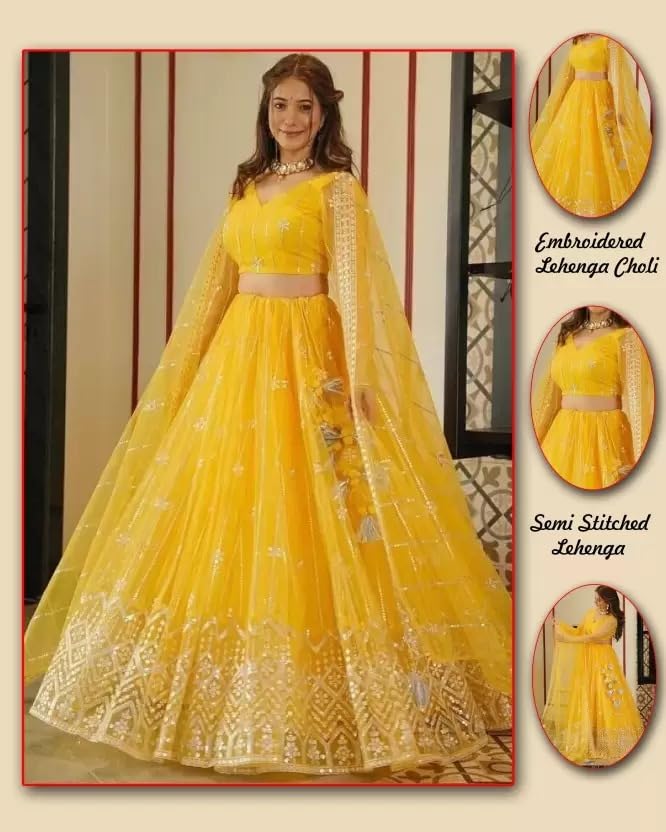 GOROLY Women's Semi-stitched Poly Net Yellow Embroidered Lehenga Choli Set with Dupatta | Traditional Lehenga for Girls | Stylish Lehenga Choli for Festival Cultural & Ethnic Wear - Image 4