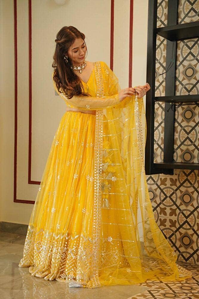 GOROLY Women's Semi-stitched Poly Net Yellow Embroidered Lehenga Choli Set with Dupatta | Traditional Lehenga for Girls | Stylish Lehenga Choli for Festival Cultural & Ethnic Wear - Image 2