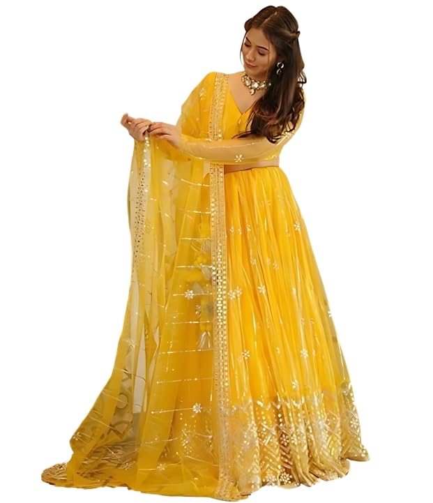 GOROLY Women's Semi-stitched Poly Net Yellow Embroidered Lehenga Choli Set with Dupatta | Traditional Lehenga for Girls | Stylish Lehenga Choli for Festival Cultural & Ethnic Wear - Image 3