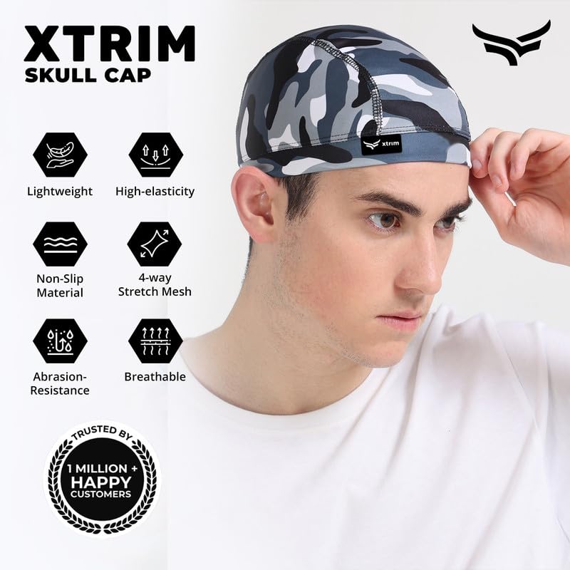 XTRIM Unisex Helmet Skull Cap for Bikers & Cyclists, Cotton Head Cap, Hair Inner Helmet Cap for Men, Sweat Cooling Beanie Cap for Men for Women, Skull Mask for Summer, Bike Accessories (Camo Blue) - Image 2