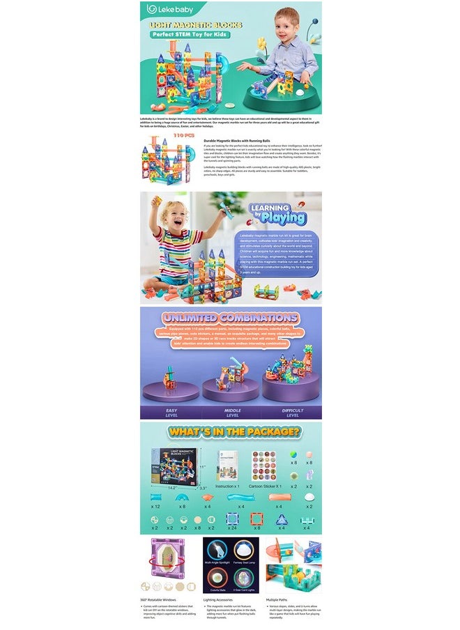 Magicwand® 110 Pcs 3D Magical Magnetic Construction STEM & STEAM Light Blocks & Race Track for Kids【3 Yrs & Up】【Pack of 1 Set】【Multi-Colored】
