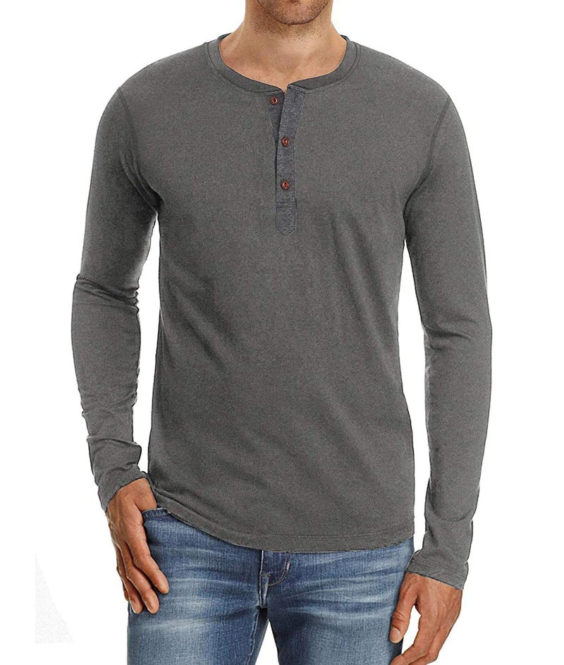 PEGENO Men's Casual Slim Fit Long Sleeve Henley T-Shirts Cotton Shirts (US X-Large, A3 Dark Gray)