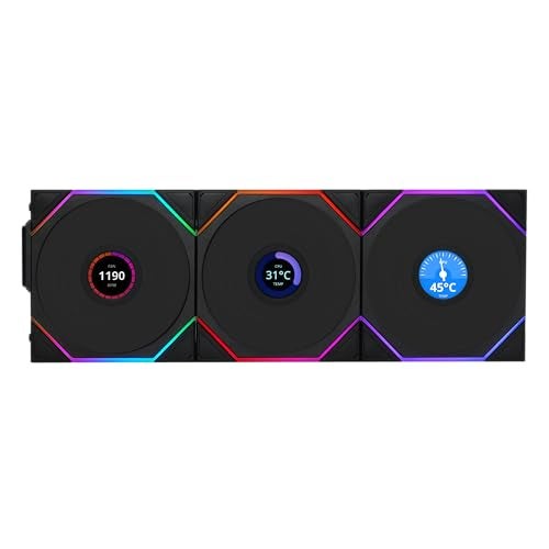 LIAN LI مروحة Lian Li UNI Fan TL LCD اللاسلكية 120 حزمة ثلاثية الشفرات العادية ليست عكسية 24 جيجاهرتز تحكم إشارة لاسلكية سلسلة متصلة تأثيرات إضاءة قابلة للتخصيص وحدة تحكم متضمنة باللون الأسود 12TLLCD1W3B - Image 1