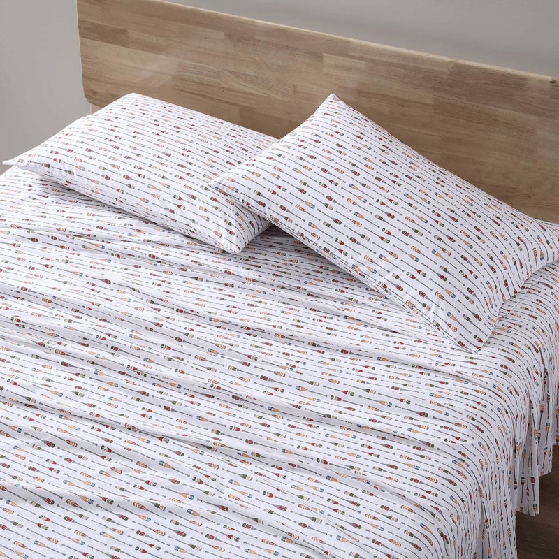 Eddie Bauer Queen Sheet Set Cotton Percale Bedding Set Crisp  Cool Lightweight  Breathable Canoe Lake Paddle White Queen