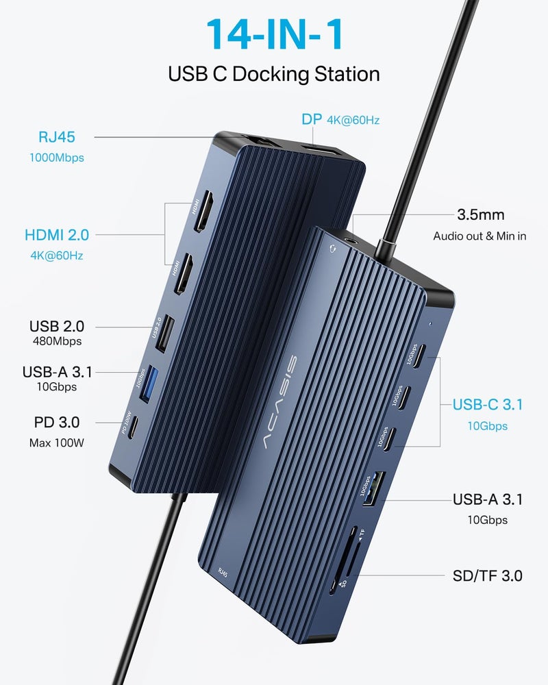 Acasis USB C Hub 14-1 USB C Docking Station Dual Monitor, with 2 HDMI+DP(4K60Hz), Ethernet, 3 USBC 10Gbps,100W PD, SD/TF 3.0, Audio, Laptop Docking Station for MacBook/Dell/HP/Lenovo ThinkPad/Surface (Grey) - Image 2