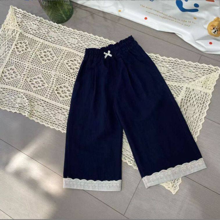 Girls Summer Loose Straight Pants with Bow and Lace, Korean Style - Image 3