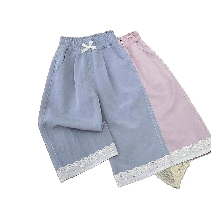 Girls Summer Loose Straight Pants with Bow and Lace, Korean Style - Image 5
