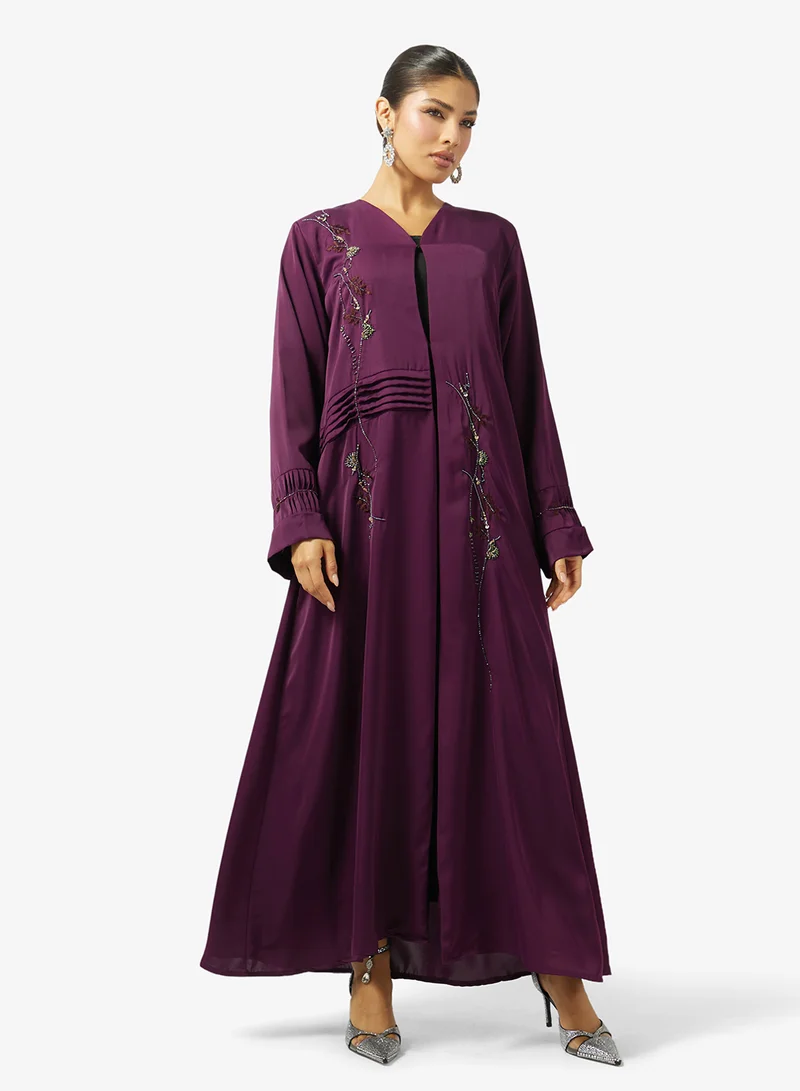 hayas closet  Floral Embroidered And Embellished Open Front V Neck Abaya for Women | Best Price UAE