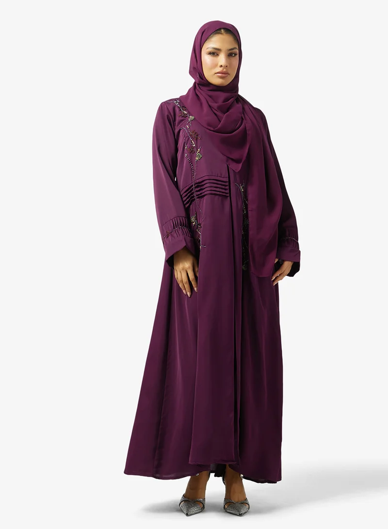 hayas closet Floral Embroidered And Embellished Open Front V Neck Abaya