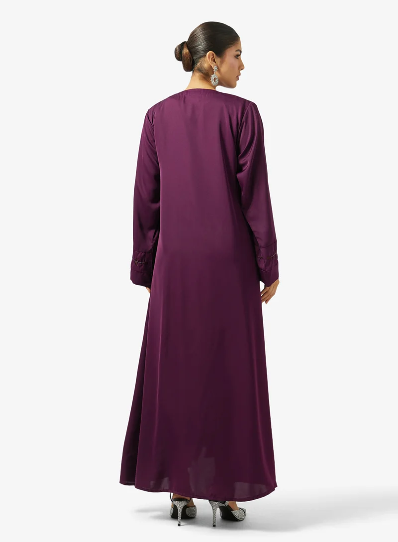 hayas closet Floral Embroidered And Embellished Open Front V Neck Abaya