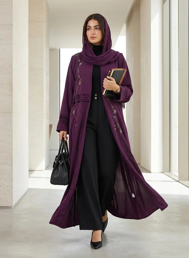 hayas closet Floral Embroidered And Embellished Open Front V Neck Abaya
