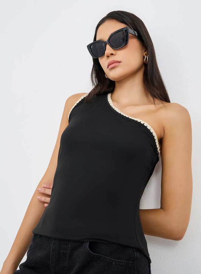 ستايلي بلوزة كتف واحدة محبوكة بحواف متباينة من ستايلي - Image 1