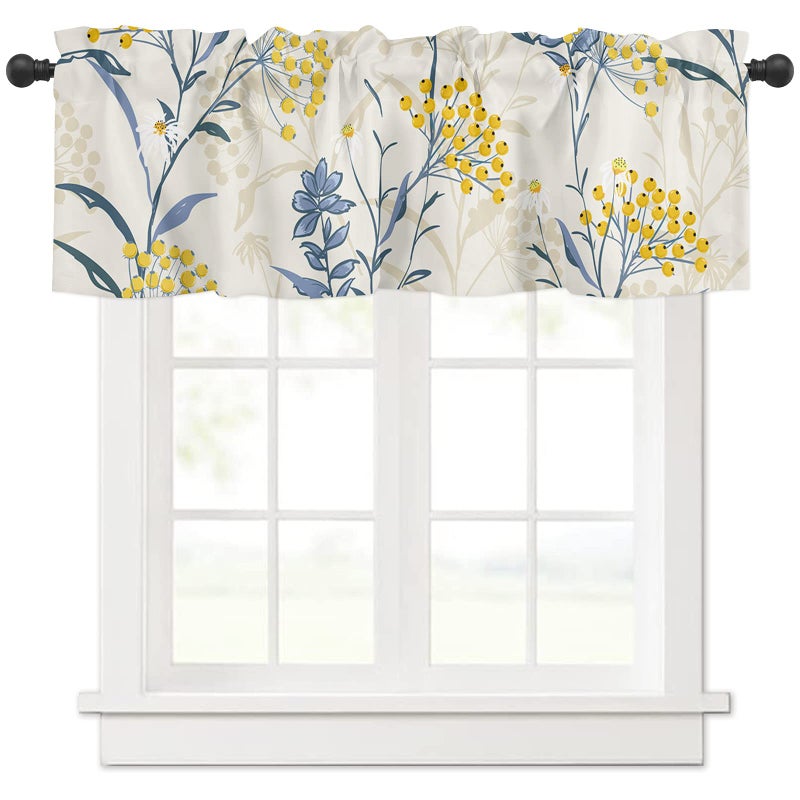 YOKOU Floral Curtain Valance  Blue Leaves Yellow Berries Summer Farm Plant Print Short Rod Pocket Window Treatment for Kitchen  Bathroom  Living Room  Bedroom  1 Panel  54"" W x 18"" L - Image 1