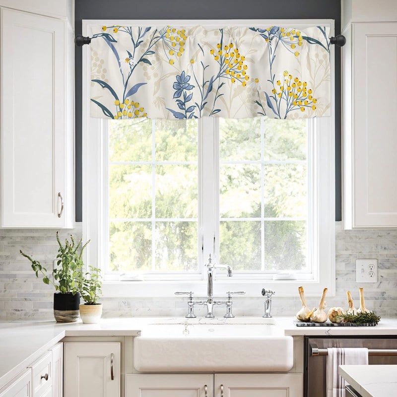 YOKOU Floral Curtain Valance  Blue Leaves Yellow Berries Summer Farm Plant Print Short Rod Pocket Window Treatment for Kitchen  Bathroom  Living Room  Bedroom  1 Panel  54"" W x 18"" L - Image 2