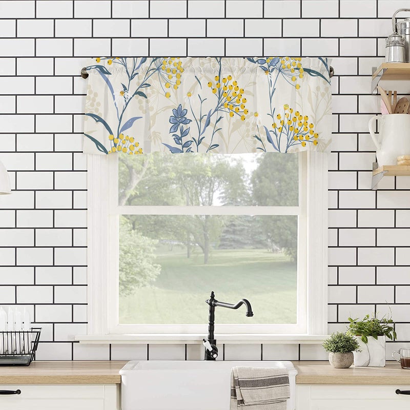 YOKOU Floral Curtain Valance  Blue Leaves Yellow Berries Summer Farm Plant Print Short Rod Pocket Window Treatment for Kitchen  Bathroom  Living Room  Bedroom  1 Panel  54"" W x 18"" L - Image 4