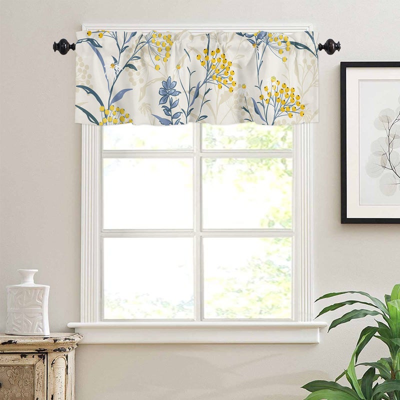 YOKOU Floral Curtain Valance  Blue Leaves Yellow Berries Summer Farm Plant Print Short Rod Pocket Window Treatment for Kitchen  Bathroom  Living Room  Bedroom  1 Panel  54"" W x 18"" L - Image 3