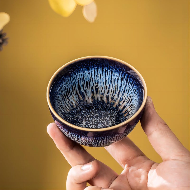 CmengAo Blue Tenmokus Tea Cups Set of 2 Handmade Jianzhan Ceramic Teacups with Starry Sky Glaze Traditional Chinese Style Zen Decor Gift  Collection 473 oz Small Cha Wan Bowl - Image 2