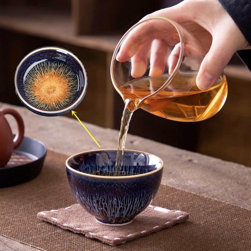 CmengAo Blue Tenmokus Tea Cups Set of 2 Handmade Jianzhan Ceramic Teacups with Starry Sky Glaze Traditional Chinese Style Zen Decor Gift  Collection 473 oz Small Cha Wan Bowl - Image 3