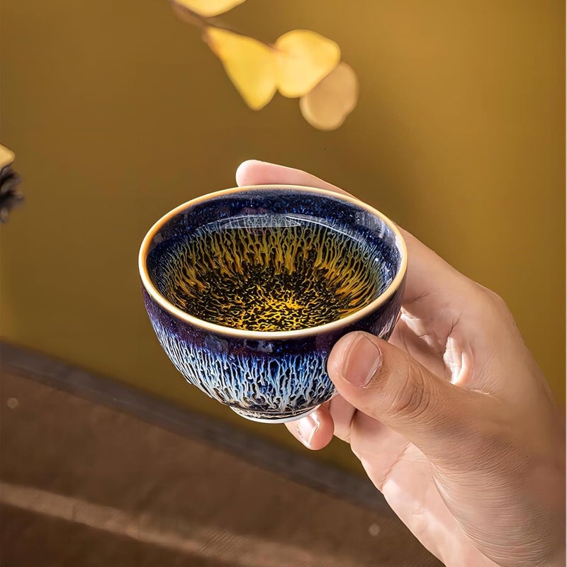 CmengAo Blue Tenmokus Tea Cups Set of 2 Handmade Jianzhan Ceramic Teacups with Starry Sky Glaze Traditional Chinese Style Zen Decor Gift  Collection 473 oz Small Cha Wan Bowl - Image 5