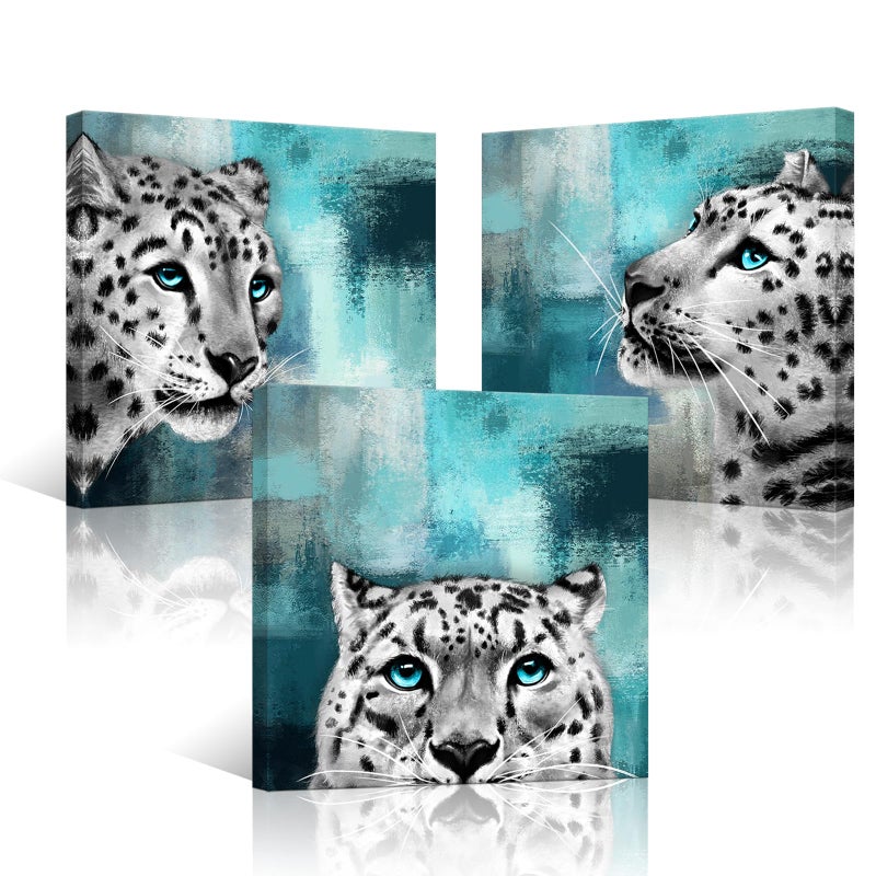 Visual Art Decor Black and White Blue Eyes Snow Leopard Painting Canvas Prints Rustic Turquoise and Grey Background Picture Gallery Wrapped Artwork Gift for Bedroom Home Office Living Room Decoration