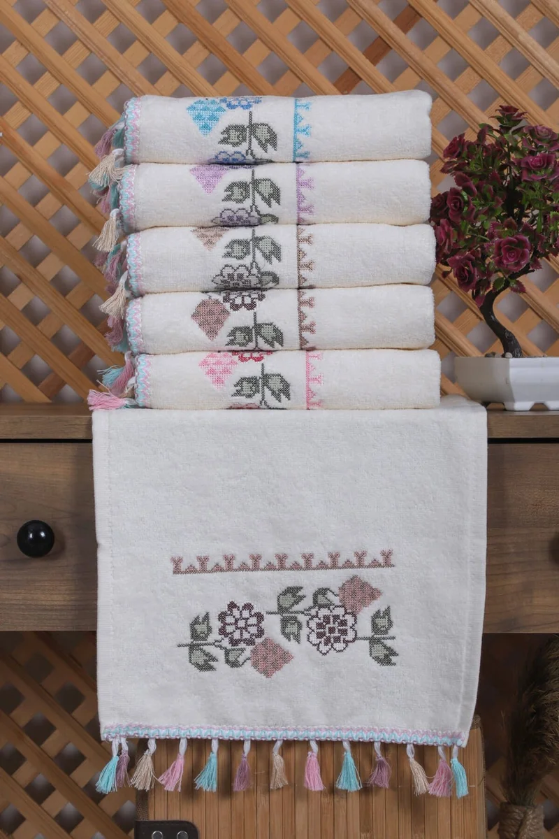 Mira Home 6-Piece Cross Stitch Flower Embroidered Hand and Face Towel Set with Tassels, Gift Dowry Hand and Face Towel Set 50 x 90 cm