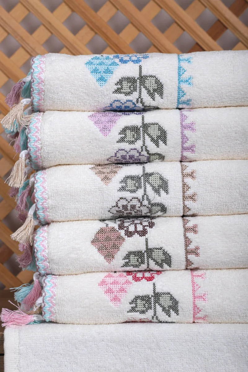 Mira Home 6-Piece Cross Stitch Flower Embroidered Hand and Face Towel Set with Tassels, Gift Dowry Hand and Face Towel Set 50 x 90 cm