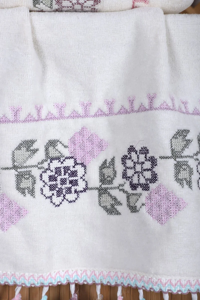 Mira Home 6-Piece Cross Stitch Flower Embroidered Hand and Face Towel Set with Tassels, Gift Dowry Hand and Face Towel Set 50 x 90 cm