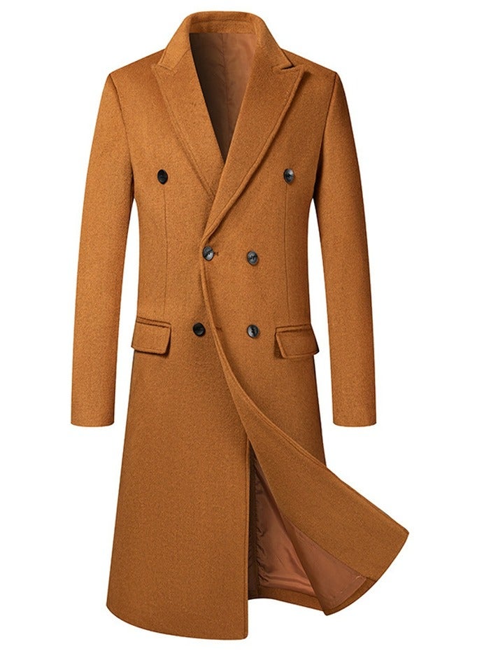 Loquat Men's Wool Blend Full Length Trench Coat Long Wool Overcoat Winter Windbreaker Camel 
