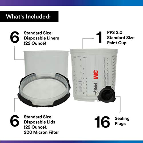 3M PPS 2.0 Paint Spray Gun System Starter Kit with Cup, Lids and Liners,26172, 22 OZ, 200-micron Filter, Use for Cars, Home & more,1 Paint Cup,6 Disposable Lids and Liners,16 Sealing Plugs, Gray - Image 2