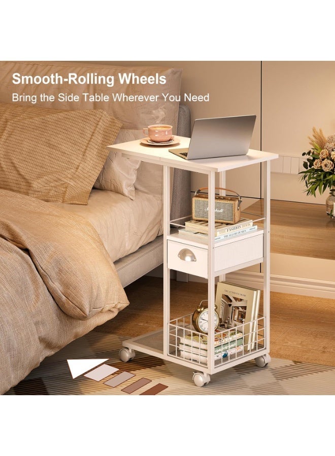 Forthcan C Shaped Sofa Side Table: Couch End Table with Drawer - Bedside Table with Wheels - 19.7''L x 11.8''W x 28''H - C Mobile Tables with Storage Basket for Living Room Bedroom white - Image 2