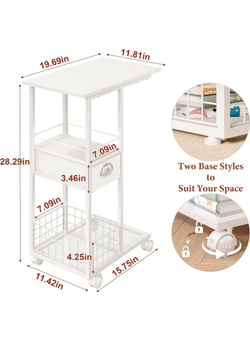 Forthcan C Shaped Sofa Side Table: Couch End Table with Drawer - Bedside Table with Wheels - 19.7''L x 11.8''W x 28''H - C Mobile Tables with Storage Basket for Living Room Bedroom white - Image 3