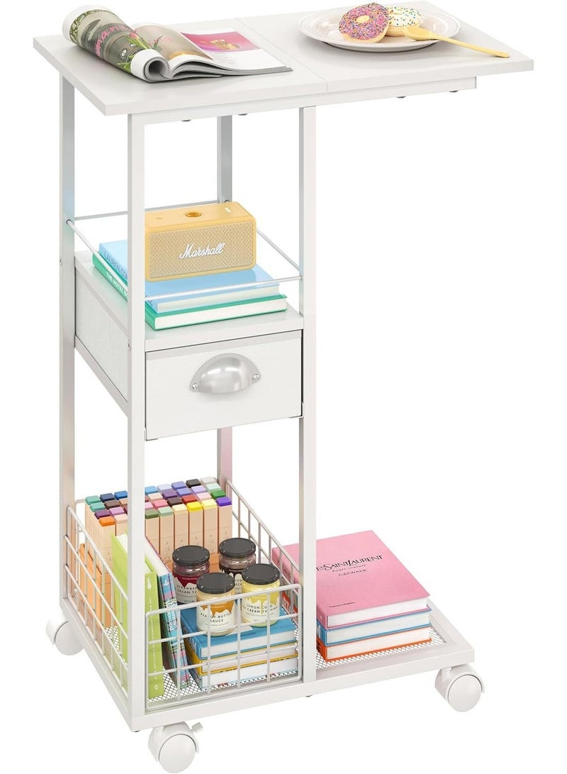 Forthcan C Shaped Sofa Side Table: Couch End Table with Drawer - Bedside Table with Wheels - 19.7''L x 11.8''W x 28''H - C Mobile Tables with Storage Basket for Living Room Bedroom white - Image 1