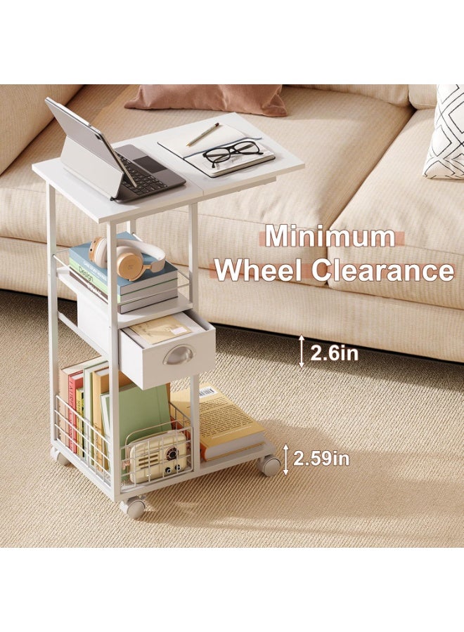 Forthcan C Shaped Sofa Side Table: Couch End Table with Drawer - Bedside Table with Wheels - 19.7''L x 11.8''W x 28''H - C Mobile Tables with Storage Basket for Living Room Bedroom white - Image 4