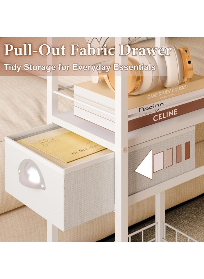 Forthcan C Shaped Sofa Side Table: Couch End Table with Drawer - Bedside Table with Wheels - 19.7''L x 11.8''W x 28''H - C Mobile Tables with Storage Basket for Living Room Bedroom white - Image 5