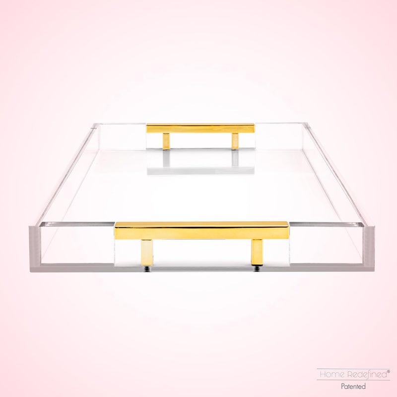 Home Redefined صينية تقديم زخرفية حديثة من الأكريليك واللوسيت والبلاستيك، مقاس 16 × 12 بوصة، مستطيلة الشكل، مع مقابض معدنية من الفولاذ المقاوم للصدأ مطلية بالذهب، لديكور المنزل، طاولة قهوة عثمانية، من إعادة تعريف المنزل. - Image 4