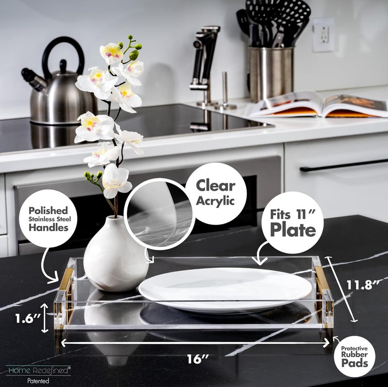 Home Redefined صينية تقديم زخرفية حديثة من الأكريليك واللوسيت والبلاستيك، مقاس 16 × 12 بوصة، مستطيلة الشكل، مع مقابض معدنية من الفولاذ المقاوم للصدأ مطلية بالذهب، لديكور المنزل، طاولة قهوة عثمانية، من إعادة تعريف المنزل. - Image 3