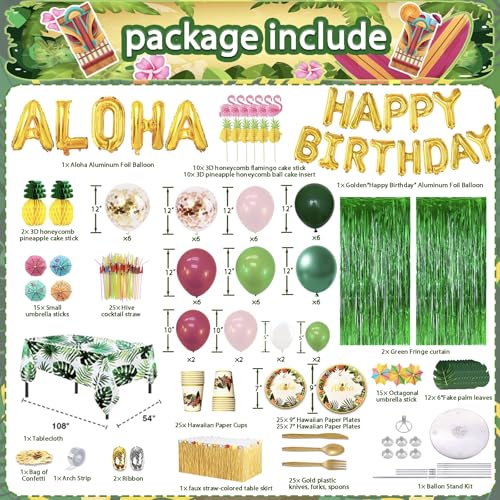 UJOYANT 323 Luau Party Decorations, Hawaiian Party Decorations Kit For Adults - "ALOHA"&"HAPPY BIRTHDAY" Banner, Balloons, Cake Topper, Straws, Table Skirt, Dinnerware Set For 25 Guests - Image 2