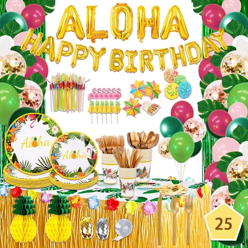 UJOYANT 323 Luau Party Decorations, Hawaiian Party Decorations Kit For Adults - "ALOHA"&"HAPPY BIRTHDAY" Banner, Balloons, Cake Topper, Straws, Table Skirt, Dinnerware Set For 25 Guests - Image 1