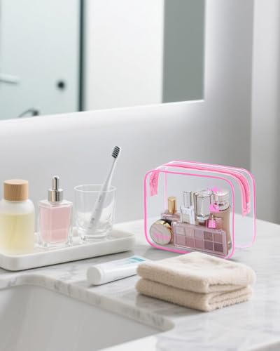 WANDF TSA Approved Toiletry Bag, 2 Packs Travel Clear Toiletry Bag, Quart Size Makeup Cosmetic Pouch with Zipper, Carry-On Airport Compliant Bag for Women and Men (2pcs Pink) - Image 5