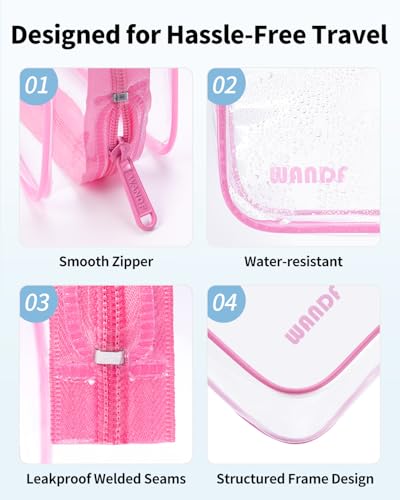 WANDF TSA Approved Toiletry Bag, 2 Packs Travel Clear Toiletry Bag, Quart Size Makeup Cosmetic Pouch with Zipper, Carry-On Airport Compliant Bag for Women and Men (2pcs Pink) - Image 4