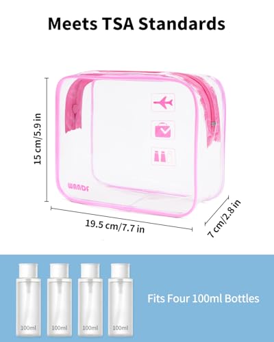 WANDF TSA Approved Toiletry Bag, 2 Packs Travel Clear Toiletry Bag, Quart Size Makeup Cosmetic Pouch with Zipper, Carry-On Airport Compliant Bag for Women and Men (2pcs Pink) - Image 3