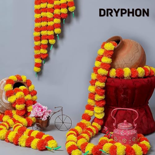 DRYPHON Artificial Flowers for Decoration, Marigold Garlands Decoration Home Decor Items, Diwali Decoration Items for Home Decor, Pooja Room Decorations, Ganpati Decoration (Multicolour, Pack of 5) - Image 5