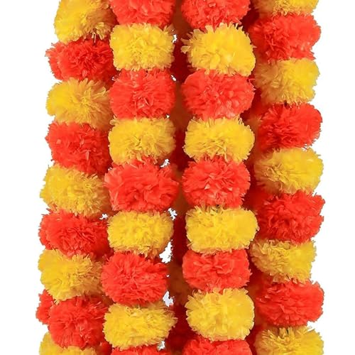 DRYPHON Artificial Flowers for Decoration, Marigold Garlands Decoration Home Decor Items, Diwali Decoration Items for Home Decor, Pooja Room Decorations, Ganpati Decoration (Multicolour, Pack of 5) - Image 1