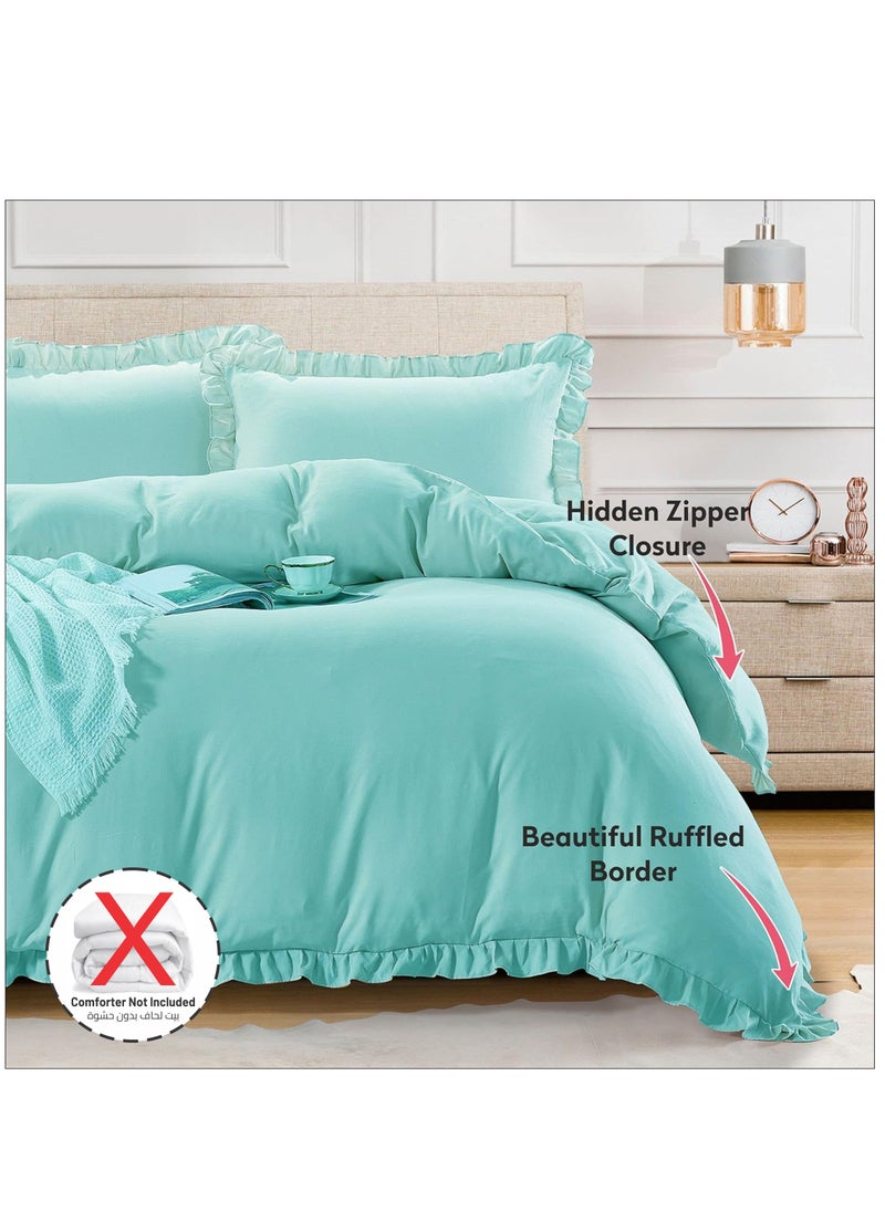 Donetella - 2- Piece Ruffled Duvet Cover Set Soft Microfiber (Without Filler) Turquoise, Twin Size - Image 1