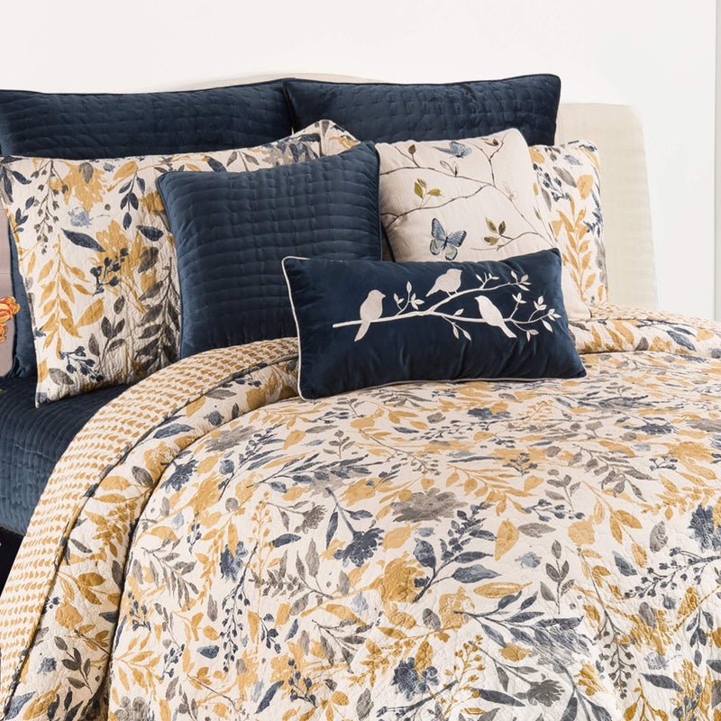 C&F Home CF Home Natural Home King Cotton Quilt Set AllSeason Oversized Reversible Yellow Gold Floral Leaves Bedspread Bedding 3 Piece With Shams King 3 Piece Set Grey 