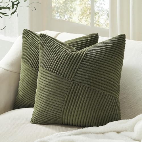 Topfinel Set of 2 Olive Green Decorative Throw Pillow Covers 16x16 Inches for Couch Bed Sofa Boho Aesthetic Home Decor Soft Corduroy Striped Patchwork Windmill Textured Cushion Cases 40x40 cm - Image 1