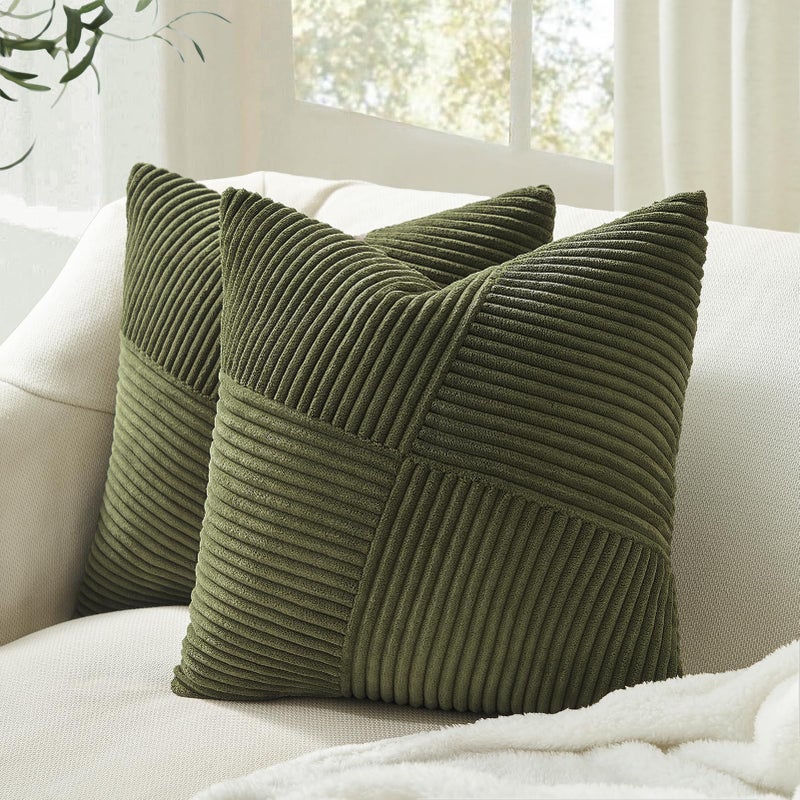 Topfinel Set of 2 Olive Green Decorative Throw Pillow Covers 16x16 Inches for Couch Bed Sofa Boho Aesthetic Home Decor Soft Corduroy Striped Patchwork Windmill Textured Cushion Cases 40x40 cm - Image 2